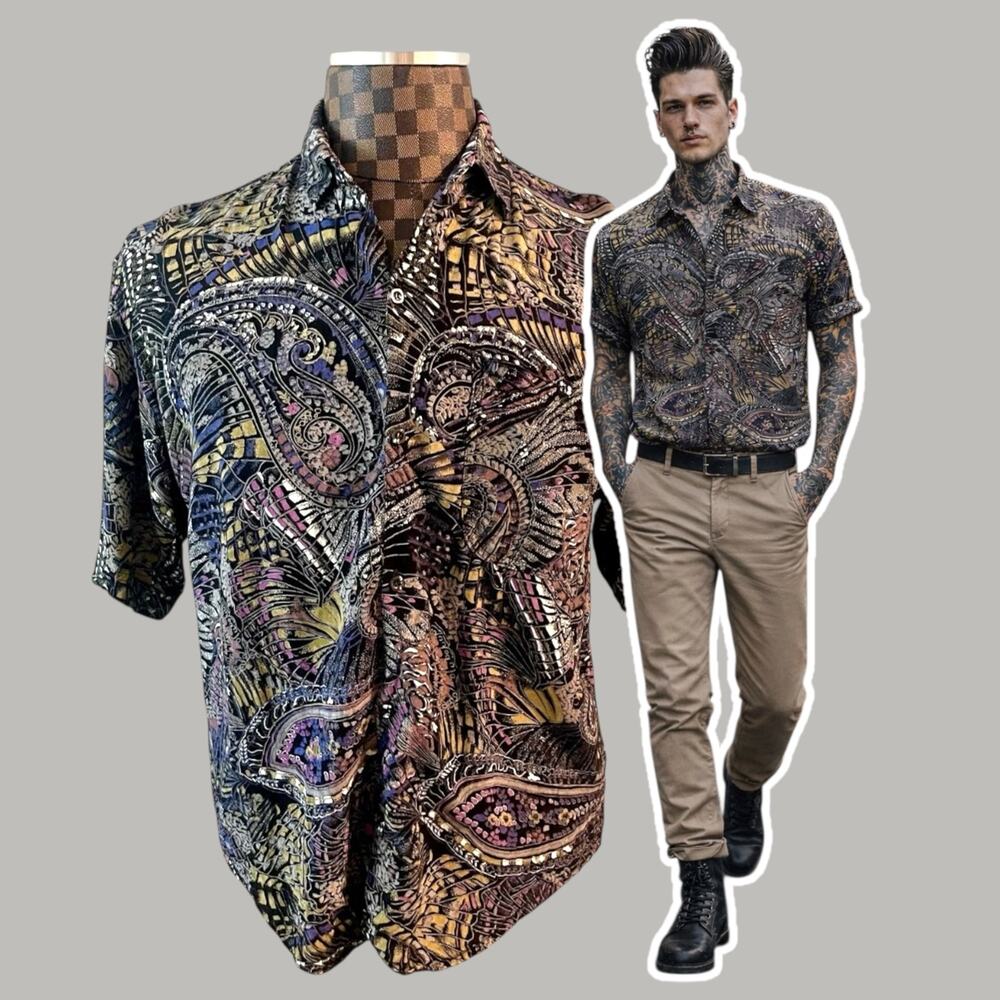 Vtg Goouch Mens Short Sleeve Shirt Medium Butterfly Paisley Print Button Up 80s